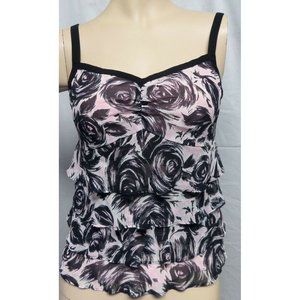 "LOFT" PINK & BLACK FLORAL RUFFLE SPAGUETTI STRAPS CASUAL TOP BLOUSE SIZE: 2P